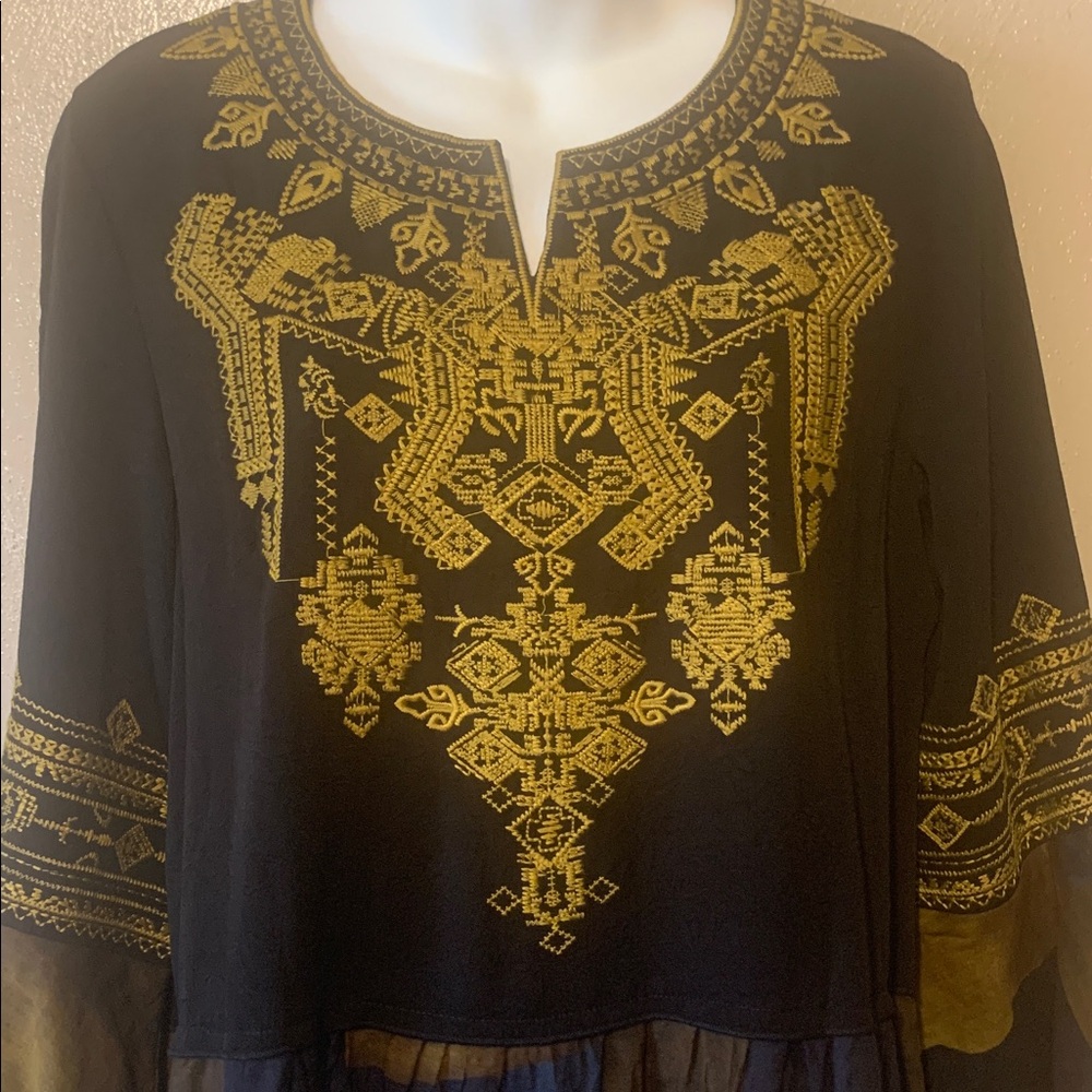 Calessa S Black Gold Navy Brown Embroidered Ruffled Multi-pattern Tunic - Picture 4 of 8